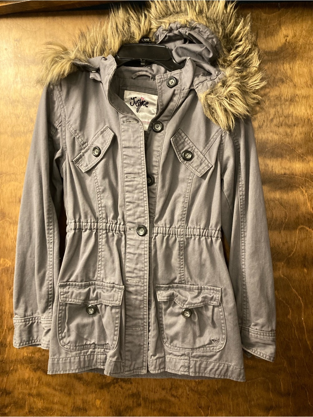Justice Girls Light Gray Hooded Utility Jacket with Faux Fur Trim